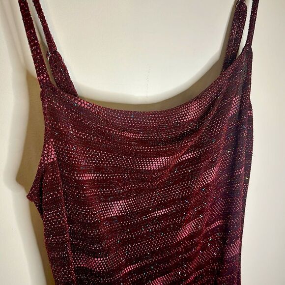 Forever 21+ Maroon Stretch Sparkly Striped Dress 3X sheer-Can fit XL Cowl Neck - Picture 2 of 4
